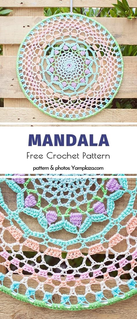 Crochet Dreamcatcher Pattern Free, Free Mandala Crochet Patterns, Motif Mandala Crochet, Crochet Dreamcatcher Pattern, Patterns Mandala, Free Patterns Crochet, Sunburst Granny Square, Dream Catcher Patterns, Hanging Crochet