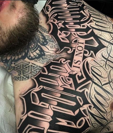 Chest Font Tattoo, Chest Lettering Tattoo Men, Chest Lettering Tattoo, Lettering Back Tattoo, Chicano Chest Tattoo, Chest Tattoo Fonts, Chest Tattoo Lettering, Mens Face Tattoos, Lettering Chicano