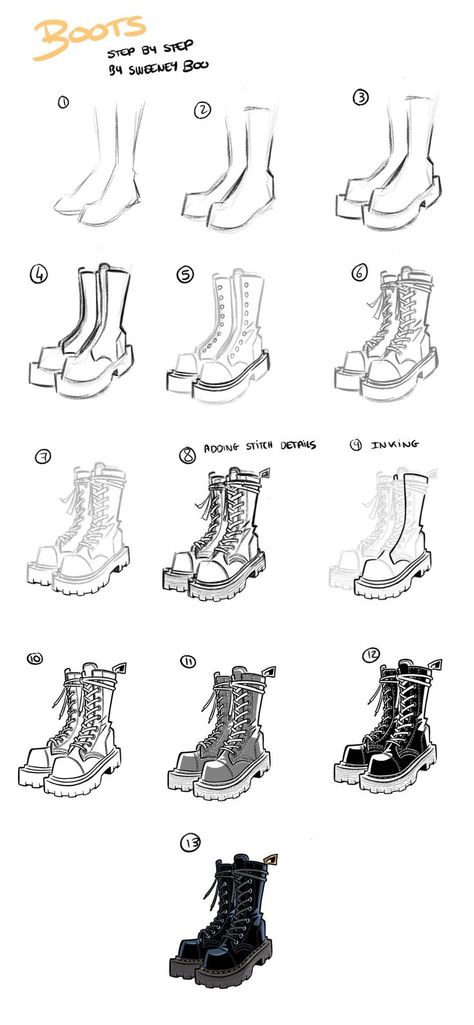 Boots Manga Drawing, Boot Design Sketch, Boots Tutorial Drawing, Boot Art Reference, Boots Sketch Drawing, Sweeney Boo Art, Boots Sketch Illustration Fashion, Inktober 2024 Boots, How To Draw Combat Boots