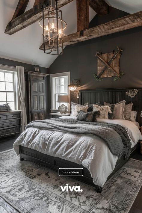 ♥ Dreaming of a cozy farmhouse bedroom retreat? Get inspired by this modern farmhouse bedroom decor featuring rustic elements and vintage charm. Explore farmhouse bedroom ideas and create your own boho chic oasis at home. 🌿✨ #farmhousebedroom #modernfarmhouse #bedroomdecor #vintage #rustic #cozybedroom #bohochic #homedecor #bedroominspiration Barndominium Bedroom Ideas, Farmhouse Master Bedrooms Decor, Moody Farmhouse Bedroom, Modern Farmhouse Bedroom Master Suite, Rustic Modern Bedroom, Simple Ranch House Plans, Boho Farmhouse Bedroom, Modern Farmhouse Bedroom Decor, Farmhouse Decor Bedroom