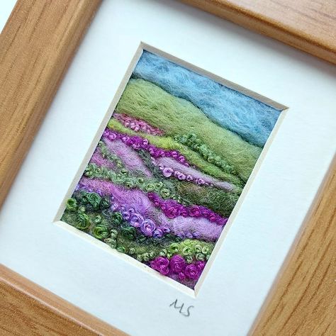 Heather Hills - felted wool and embroidered landscape picture | t-dance-web-site Felt And Embroidery, Heather Hills, Wet Felting Projects, Needle Felting Diy, Wool Felt Projects, Felt Pictures, Needle Felting Tutorials, Felt Embroidery, British Countryside