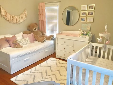 Nursery Room With Daybed, Daybed In Nursery, Target Frames, Nursery Guest Room Combo, Nursery Mirror, Violet Room, Nursery Guest Room, Mirror Hack, Ikea Nursery