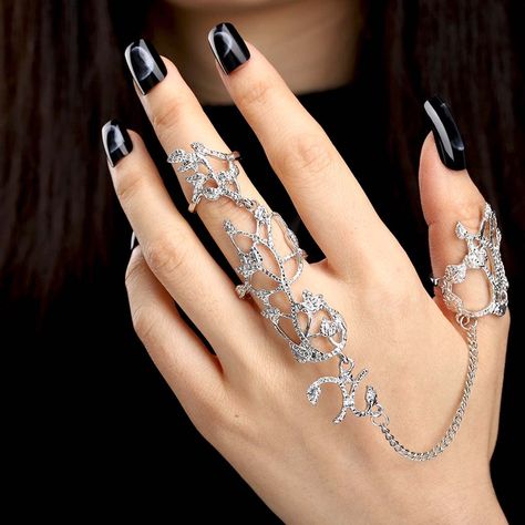 Obmyec Boho Finger Ring Hand Chain Silver Knuckle Ring Bracelets Punk Leaf Full Finger Ring Hand Harness Bracelet for Women and Girls Bracelets Beach, Hand Harness, Finger Bracelets, Gold Finger Rings, Full Finger Rings, Hand Chain Bracelet, Multiple Rings, Open Cuff Bracelet, Knuckle Ring