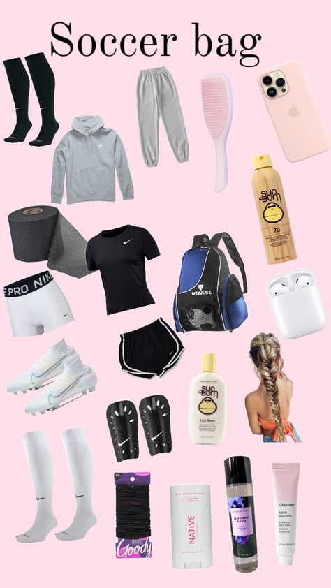 #soccerbag What To Put In Soccer Bag, What To Keep In Soccer Bag, Soccer Bag Essentials, Soccer Wishlist, Sports Bag Essentials, Xmas Sleepover, Soccer Fits, Soccer Fit, Cute Soccer Pictures