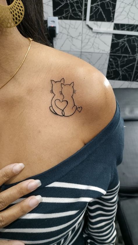 4 Cat Tattoo Designs, Fine Line Kitty Tattoo, Kitty Outline Tattoo, Negative Space Cat Tattoo, Cats Memorial Tattoo, Cat Tattoo Placement Ideas, Unique Cat Tattoo Ideas, Tattoo Ideas For Your Cat, Cat Heartbeat Tattoo