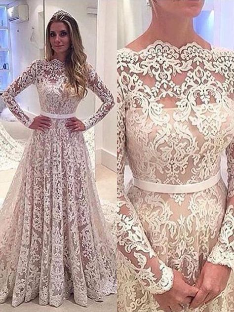 A-Line/Princess Bateau Long Sleeves Lace Court Train Wedding Dresses - Wedding Dresses 2018 - Wedding Dresses - Hebeos Online, PON1506EV948, Spring, Summer, Fall, Winter, Lace, Bateau, A-Line/Princess, Long Sleeves, Natural, Other, Court Train, hebeos.com Ivory Lace Wedding Dress, Simple Prom Dress, Long Sleeve Prom, Long Sleeve Wedding Dress Lace, Lace Prom Dress, Sleeve Wedding Dress, A Wedding Dress, A Line Prom Dresses, Ivory Wedding Dress