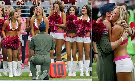 Give me a Y-E-S! Moment airman recently returned from the Middle East interrupted NFL game to propose to cheerleader Proposal Fails, Best Marriage Proposals, Arizona Cardinals Cheerleaders, Bad Marriage, Cardinals Game, Surprise Wedding, India School, Marriage Proposal, Epic Fails Funny