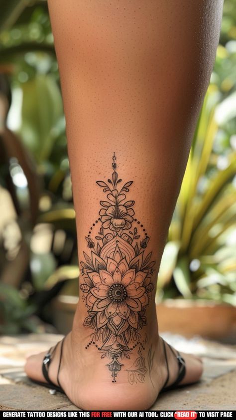 Living Life Tattoos Ideas, Made In Tattoo Ideas, Tattoos For Legs Woman, Ankle Mandala Tattoo, Women’s Leg Tattoos, Tattoo For Ankle, Back Ankle Tattoo, Back Of The Leg Tattoos For Women, Flower Ankle Tattoos