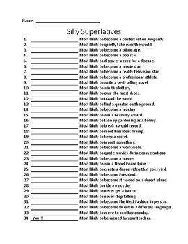 Students love nominating their classmates for Superlative Awards.  This handout includes a list of 33 superlatives that students can complete about their classmates.  Some examples include:  most likely to never get a haircut or most likely to never stop talking.  This is a great, fun end of school year activity. Friend Awards Funny, 5th Grade Superlatives, Swim Superlatives, Kindergarten Superlatives, Middle School Awards Ideas, Most Likely To Awards Work, Dance Team Superlatives, Middle School Superlatives, Yearbook Most Likely To