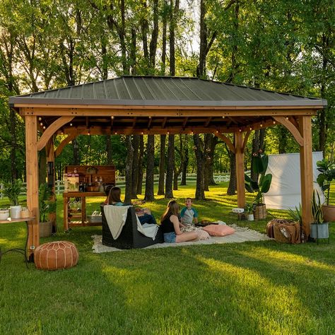 Wooden Pavilion Design, Plug In Lights, Rectangle Gazebo, Hip Roof Design, Permanent Gazebo, Steel Roof, Wooden Gazebo, Hardtop Gazebo, Outdoor Pavilion