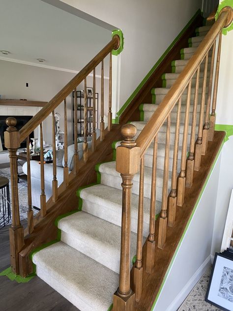 Painting Wooden Stairs, Staircase Update, Staircase Banister Ideas, Painted Wood Stairs, Painted Banister, Modern Farmhouse Staircase, Painted Stair Railings, Wooden Staircase Railing, Wood Banister