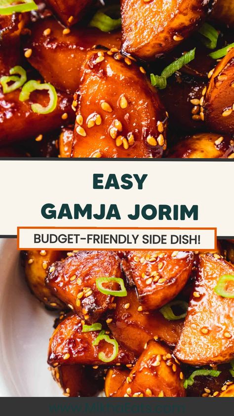 Easy gamja jorim, a budget-friendly Korean side dish with glazed potatoes and sesame seeds. Korean Potatoes Side Dishes, Korean Potato Recipes, Gamja Jorim Recipe, Korean Side Dish Recipes, Korean Potato Side Dish, Korean Braised Potatoes, Gamja Jorim, Braised Potatoes, Korean Potatoes