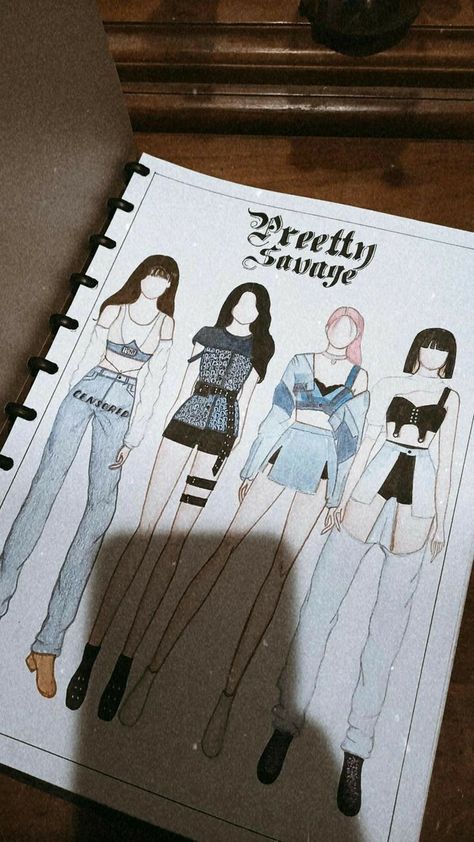 Black Pink Dress Drawing, Blackpink Dress Drawing, Black Pink Journal Ideas, Black Pink Drawing, Blackpink Drawing, Pink Drawing, Pretty Savage, Fashion Design Books, Black Pink Background