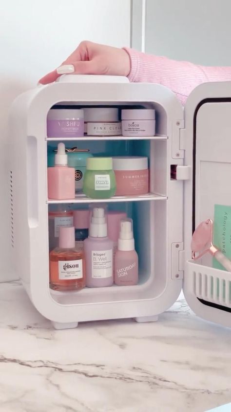 The LED Mirror Cosmetics Fridge in action Mini Fridge In Bedroom, Skincare Fridge, Sephora Skin Care, Instagram Friends, Mini Fridges, Room Redesign, Fridge Organization, Best Skincare, Skincare Organization