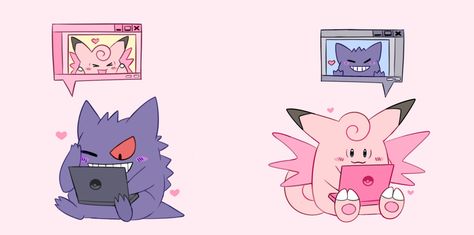 Gengar And Clefable, Pokemon Couples, Gengar Pokemon, Ghost Pokemon, Love Connection, Pokemon Pictures, Catch Em All, Cute Pokemon, Pokemon Art