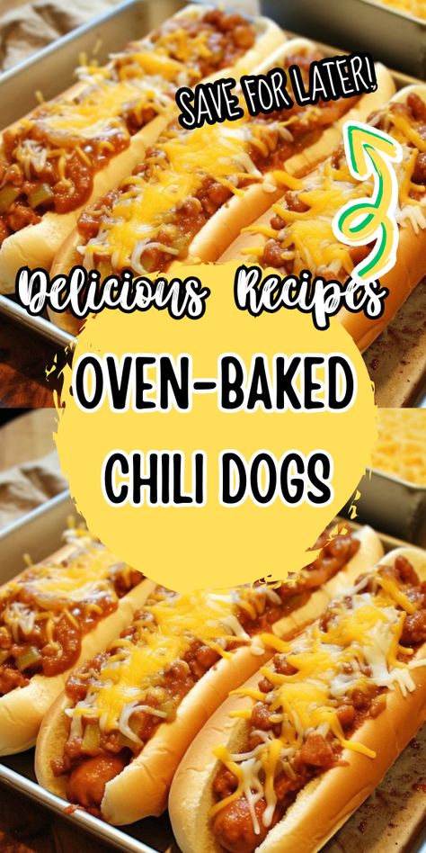 Oven-Baked Chili Dogs Oven Baked Chili Dogs, Hot Dogs In The Oven, Baked Chili Dogs, Oven Hot Dogs, Chili Cheese Dog Bake, Chili Dog Bake, Baked Chili Cheese Dogs, Chili Dog Chili Recipe, Baked Chili