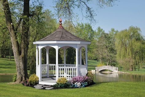 White Vinyl gazebo with electrical package and fossil wood shingles Gazebo Privacy, White Gazebo, Gazebo Plans, Museum Design, Backyard Gazebo, Gazebo Pergola, Deck With Pergola, Garden Makeover, Garden Gazebo