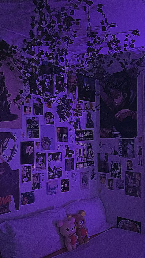 #room #manga #posters #roominspo #nana #anime #aot Cool Anime Posters For Room, Room Ideas Aesthetic Anime Dark, Anime Walls Room, Nana Anime Room Decor, Purple Wall Room Ideas Bedrooms, Oppo Drifting Home, Anime Aesthetic Bedroom Ideas, Anime Themed Room Aesthetic, Anime Style Room Ideas