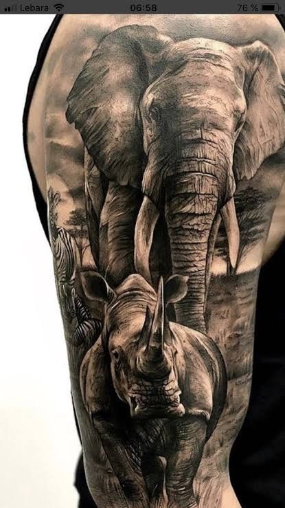 African Sleeve Tattoo, Rhino Tattoo, Jungle Tattoo, Africa Tattoos, Wildlife Tattoo, Animal Sleeve Tattoo, Animal Sleeve, Gorilla Tattoo, African Tattoo