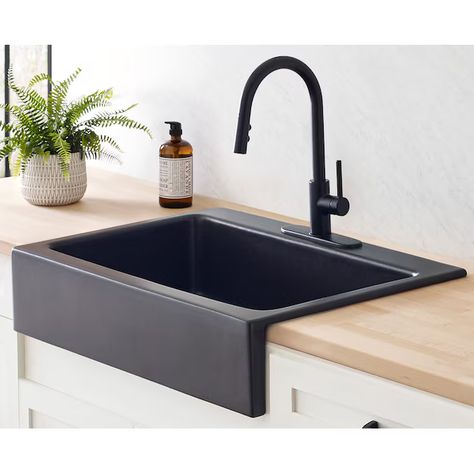 SINKOLOGY Parker Farmhouse Apron Front 33.85-in x 24.25-in Matte Black Fireclay Single Bowl 3-Hole Retrofit Kitchen Sink in the Kitchen Sinks department at Lowes.com Black Sink Kitchen, Drop In Farmhouse Sink, Black Farmhouse Sink, Modern Rustic Cabin, White Farmhouse Sink, Top Mount Kitchen Sink, Black Kitchen Sink, Drop In Kitchen Sink, Kitchen Sink Stainless Steel