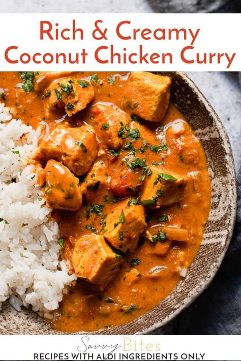 A rich and creamy coconut curry sauce that sticks to tender pieces of chicken. This sauce is drinkable on its own, but serve it with rice and naan bread and your dinner game is unstoppable. Step by step instructions and all ingredients are from Aldi, meaning it's budget-friendly and your weekly shop and meal planning will be super simple. Budget meals, meal planning, Aldi recipe. Aldi Dinners, Savvy Bites, Juicy Chicken Breast Recipes, Creamy Coconut Curry, Creamy Coconut Chicken, Rice Meals, Coconut Chicken Curry, Aldi Recipes, Coconut Curry Sauce