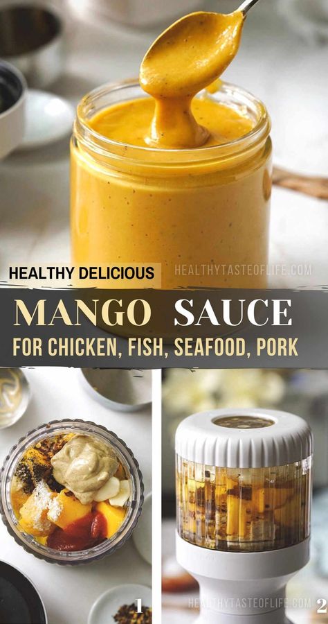 Sweet mango sauce with fruity notes and a slight kick, perfect as marinade for chicken, fish and seafood, or for topping the grilled meat and veggies. You can also use this creamy mango sauce as pasta sauce or drizzled over salads to jazz them up. Make this mango sauce recipe hot and spicy with habanero peppers or light and sweet, it's up to you! #mangosauce #mangorecipe Mango Habanero Tofu, Mango Habanero Chicken Tacos, Mango Sauce For Shrimp, Mango Fish Recipes, Mango Marinade For Chicken, Mango Mayonnaise Recipe, Salmon With Mango Sauce, Mango Sauce Recipes, Mango Bbq Sauce