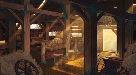 ArtStation - Old stable, Irina Trifonova Fantasy Stables Concept Art, Stables Concept Art, Concept Art Fantasy Landscape, Stable Concept Art, Fantasy Stables, Stable Illustration, Medieval Stable, Art Fantasy Landscape, Gif Studio