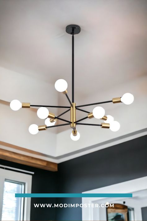 Mid Century Modern Sputnik Chandelier Lighting Mid Century Chandelier Dining, Entry Way Chandelier, Mid Century Modern Lighting Fixtures, Gold Ceiling Lights, Black And Gold Ceiling, Brass Bedroom, Mid Century Light Fixtures, Modern Sputnik Chandelier, Futuristic Lighting