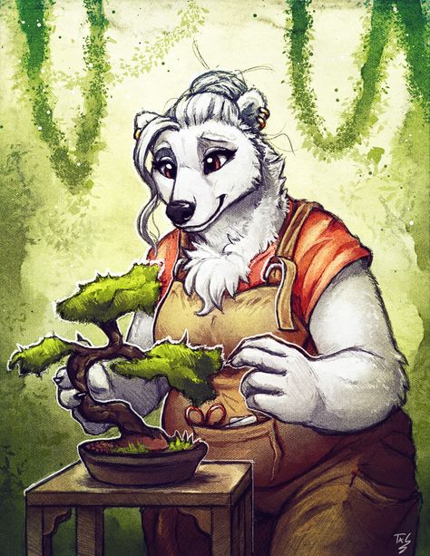 Bear and Bonsai by https://www.deviantart.com/tasdraws on @DeviantArt Characters Prompts, Anthro Bear, Beastars Oc, Bear Oc, Bear Character Design, Hybrid Creatures, Degenerate Art, Bear Character, Bear Drawing