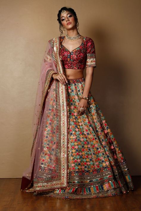 Multicolor raw silk thread work lehenga set by Zari Jaipur Thread Work Lehenga, Mehendi Outfits For Bride, Lehenga With Price, Lehenga Shopping, Designer Lehnga Choli, Designer Dresses Elegant, Bridal Lehenga Online, Raw Silk Lehenga, Latest Bridal Lehenga