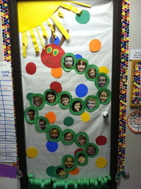 Easy Door Decorations Classroom Simple, Read Across America Door Decorations, Classroom Door Decoration Ideas Creative, Classroom Door Decorating Ideas, Eric Carle Classroom Theme, Hungry Caterpillar Classroom, Eric Carle Classroom, Classroom Door Decorating, Preschool Door