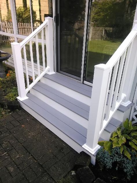 Vinyl railings and wide composite steps Step Remodel, Outdoor Staircase Design, Composite Steps, Step Railing Outdoor, Porch Update, Outdoor Staircase, Front Door Awning, Outside Steps, Farm Resort