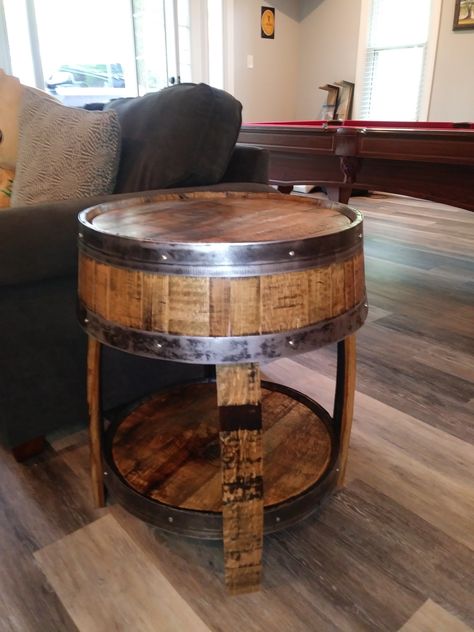 Whiskey barrel end table by A.J. Pitman Construction Whiskey Barrel Side Table, Barrel End Table, Barrel Side Table, Whiskey Barrel Table, Whiskey Barrel Furniture, Deer Antler Decor, Whiskey Room, Antler Decor, Barrel Projects