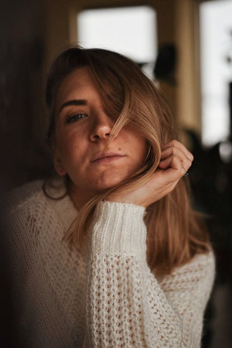 Cold Weather Photoshoot, Inside Photoshoot, Moody Portrait, Cozy Weather, Woman In White, Portrait Of A Woman, Rainy Weather, Bad Weather, White Cardigan