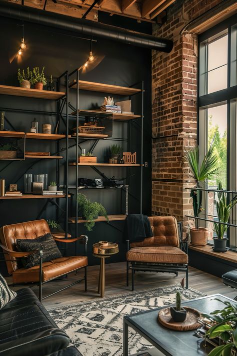 Black Accent Walls - Quiet Minimal Walls For Bedrooms, Industrial Decor Living Room, Industrial Style Interior, Black Accent Walls, Industrial Style Decor, Industrial Livingroom, Industrial Interior Design, Industrial House, Design Guide