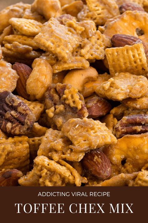 Ridiculously Addicting Toffee Chex Mix Recipe - Everyday Dishes Payday Mix Recipe, Snake Mix Recipes, Almond Chex Mix Recipe, Treat Mix Recipes, Chex Snack Mix Recipes Sweets, Chex Mix Candy Recipes, Sweet Party Mix Snacks, Rice Chex Recipes Party Mixes Christmas Snacks, Easy Churro Chex Mix Recipes