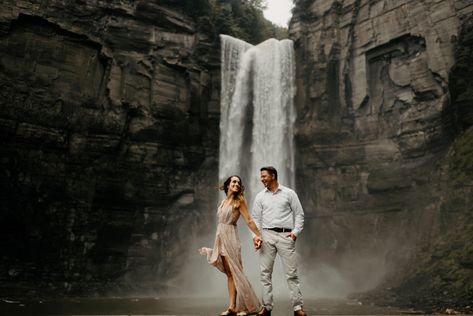 Ithaca, NY waterfall a perfect backdrop for some dreamy engagement photos. Waterfall Prewedding Shoot, Waterfall Couple Photoshoot, Couple Waterfall, Wedding Waterfall, Couple Landscape, Water Engagement Photos, Waterfall Photoshoot, Dreamy Engagement Photos, Waterfall Engagement