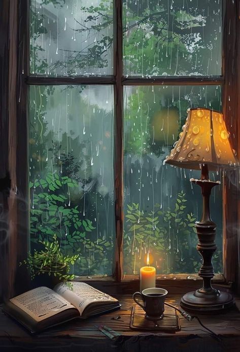 Painting Rain On Window, Reading On A Rainy Day Aesthetic, Coffee Window Art, Through The Window Photography, Relaxing Photos Aesthetic, Autumn Harvest Aesthetic, Rainy Day Aesthetic Drawing, Rain Window Painting, Rain On Window Painting