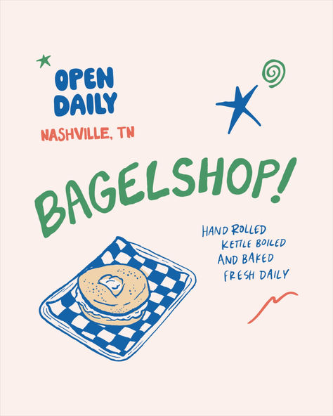 bagel shop branding, bagel shop logo design, mascot design, coffee shop branding, trendy character logo design, trendy bagel shop design, bagel shop merch, coffee shop merch, merch design, hand drawn merch, nashville bagelshop branding, hand illustration logo design, hand lettered organic merch design, retro branding, retro logo design, graphic design, illustration, branding, vintage character, vintage cartoon logo, vintage branding, character mascot logo design, bagel shop storefront design Bagel Shop Design, Bagel Cartoon, Bagel Illustration, Coffee Shop Merch, Coffee Mascot, Branding Character, Design Coffee Shop, Character Logo Design, Retro Branding