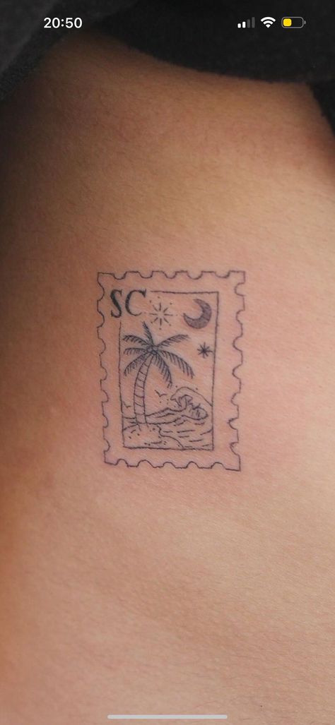 San Diego California Tattoo Ideas, South Carolina Palm Tree Tattoo, Ocean Stamp Tattoo, Beach Stamp Tattoo, California Inspired Tattoo, California Tattoo Ideas, Cali Tattoo, Tattoos Forearm, Stamp Tattoo