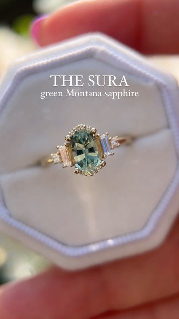 Unique Engagement Rings Green Sapphire, The Sura Engagement Ring, Montana Sapphire Engagement Ring Gold, Sage Wedding Ring, Mint Engagement Ring, Engagement Rings Montana Sapphire, Gold Non Traditional Engagement Ring, Nontraditional Engagement Ring, Engagement Rings Green Sapphire