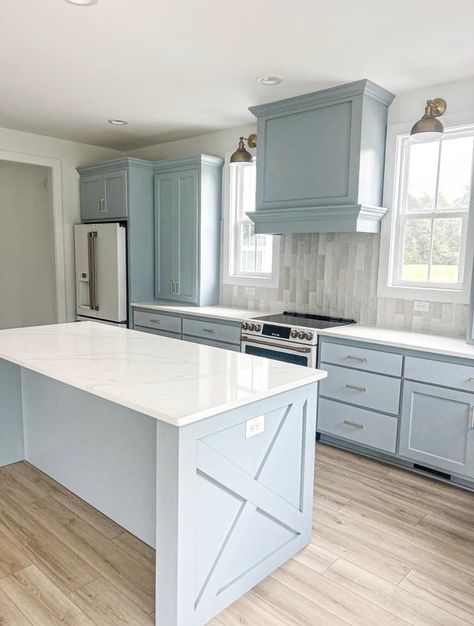 Home Design and Decor | A few more things to finish but here is our blue kitchen cabinets | Facebook Rustic Coastal Kitchen, Light Blue Kitchen Cabinets, Light Blue Kitchen, Light Blue Kitchens, Blue Kitchen Cabinets, Grey Countertops, Rustic Coastal, Coastal Kitchen, Blue Kitchen