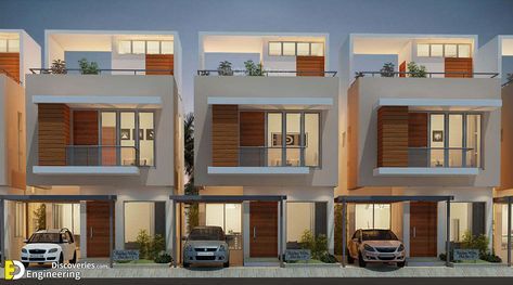 Elegant Modern House Design + Plan - Engineering Discoveries Small Row House Design, Elegant Modern House, Small Apartment Building Design, Row House Design, Small Apartment Building, 2 Storey House Design, Modern Townhouse, Small House Elevation, Duplex Design