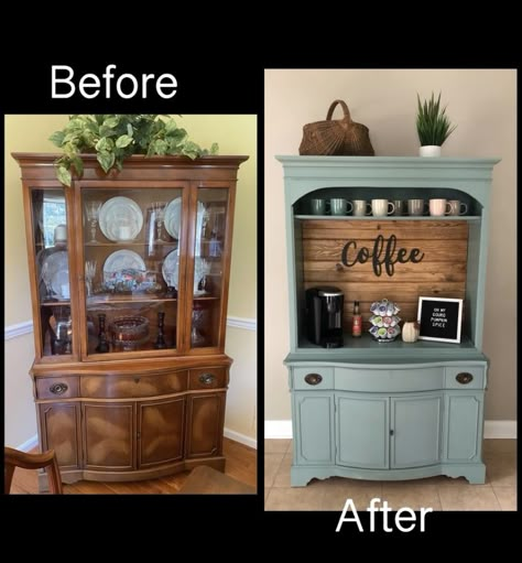 Old China Cabinet, Kaffe Station, Hutch Makeover, Diy Coffee Bar, Coffee Bar Design, Design Café, Coffee Bars In Kitchen, Home Coffee Bar, Coffee Bar Home