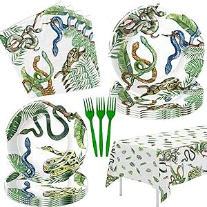 Xenorik Reptile Snake Plates And Napkins Party Decorations - Snake Birthday Party Supplies, Paper Plate, Napkin, Fork, Tablecloth, Jungle Swamp Camping Wilderness Snake Party Tableware | Serve 24 Reptile Party Decorations, Snake Dessert, Reptile Birthday Party Ideas, Snake Decorations, Snake Birthday Party, Reptile Birthday Party, Snake Birthday, Snake Party, Reptile Party