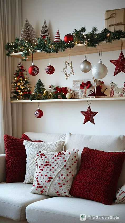 15 Small-Space Christmas Decor Hacks for Living Rooms - The Garden Style Decor For Console Table, Jingle Bell Decor, Console Table Christmas Decor, Christmas Decor Hacks, Small Apartment Christmas Decor Ideas, Small Apartment Christmas Decor, Small Apartment Christmas, Kids Christmas Decorations, Christmas Decorations Table