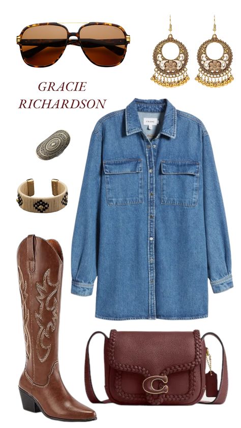 Nashville Outfit Inspo Fall, Country Modern Outfits, Cute Rodeo Outfits For Women Winter, Neutral Boho Outfits, Denim Dress Concert Outfit, Denim On Denim Cowgirl Outfit, Classic Country Outfits Women, Neutral Cowgirl Outfit, Nfr Outfits Plus Size