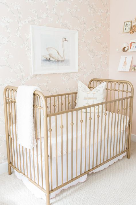 Girly Nursery Wallpaper, Charleston Theme Nursery, Nursery Ideas Southern, Pink Whimsical Nursery, Vintage Glam Nursery, Light Pink Baby Nursery, Gold And White Nursery, Wallpaper On Ceiling Nursery, Baby Girl Nursery Gold Crib