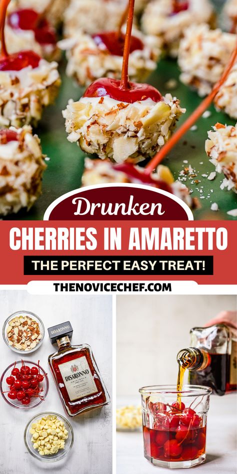 Chocolate Cherry Amaretto Cookies, Boozy Treats Easy, Drunken Cherries Recipe Vodka, Alcohol Cherries Soaked, Boozy Christmas Cherries, Liquor Soaked Cherries, White Chocolate Amaretto Cake, Boozy Maraschino Cherries, Liquor Desserts Ideas