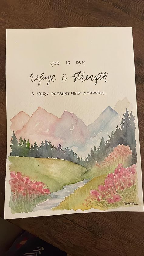 Watercolor Vision Board, Inspirational Watercolor Paintings, Simple Watercolor Leaves, How To Paint Watercolor Mountains, Scripture Watercolor Painting, Faith Can Move Mountains Painting, Mountain Verse, Watercolour Bible Verses, Cute Simple Watercolor Art